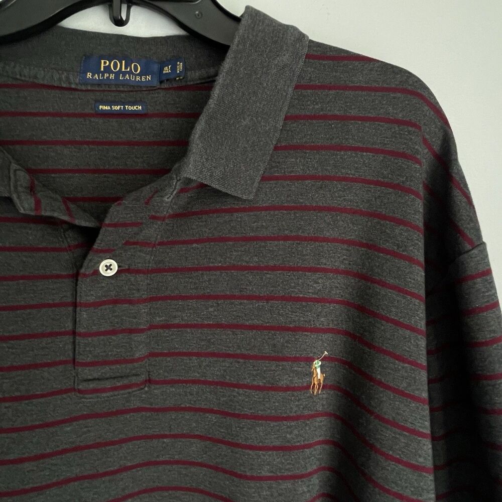 Polo Ralph Lauren Pima Soft Touch Polo Mens Size XLT Gray Red Striped Flesh Pony